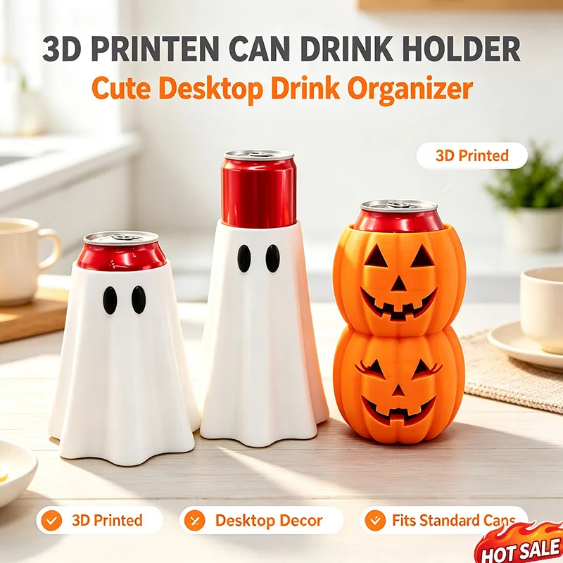 3D Printed Halloween Ghost & Pumpkin Can Holder, Spooky Soda Drink Sleeve, Cute Beverage Can Cup Holder, Halloween Table Decor