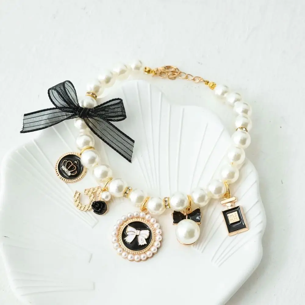 

Fashion Pink Rhinestone Princess Puppy Accessories Pearl Pet Collars Bow Collar Cat Jewelry Necklace