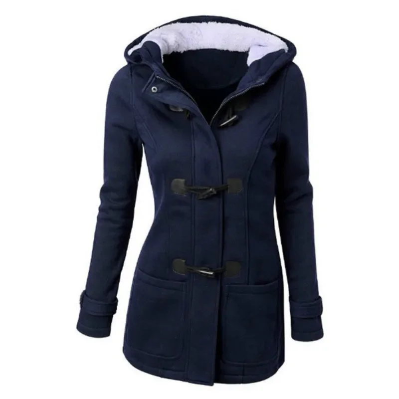 Oversize Women Cotton Horn Button Slim Casual Coat Winter 2024 New Parkas Long Sleeve Warm Jacket Grey Solid Hood Pocket Coat