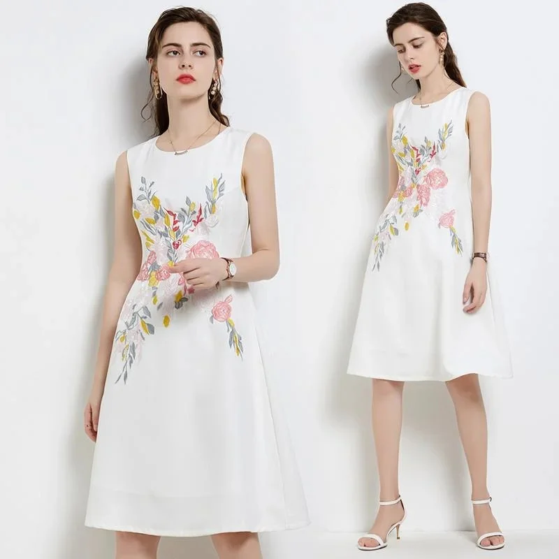 

Fashion Summer Sleeveless Women Casual Dresses Elegant White Color Flower Embriodery Camisoles Skirts Knee Length Small Vestidos