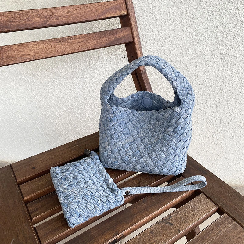 Denim Woven Hand Tote Bag Fashion Retro Magnetic Snap Shoulder Woven Bag Daily Casual High Quality Chain Crossbody Bag