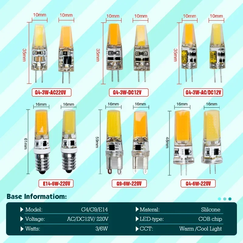 G4 LED COB 3W 6W AC/DC 12V lampadina G9 E14 LED COB 6W 220V lampadina sostituire lampada alogena per lampadario faretto decorazione