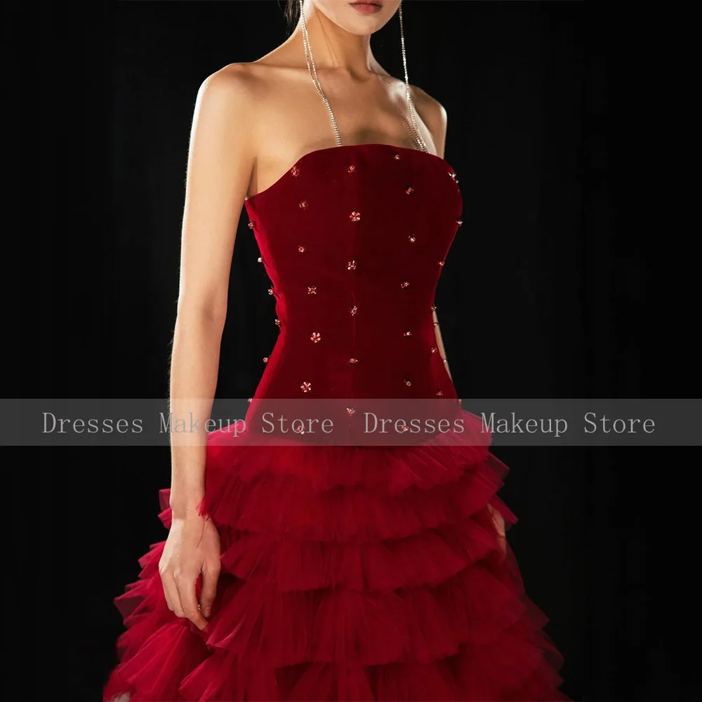 Vestidos de baile luxuosos em camadas babados cristal sem alças sem mangas vestidos formais femininos longo até o chão uma linha vestido de noite