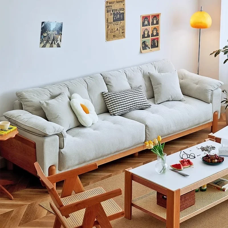 Solid wood fabric cream wind cherry wood Nordic sofa removable and washable small apartment Japanese style