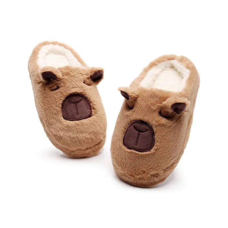 

A Pair of Brown Plush Kapibara Animal Patterns, Furry Home Soft Soles, Cute, Warm and Non-Slip Indoor Slippers for Men and Women