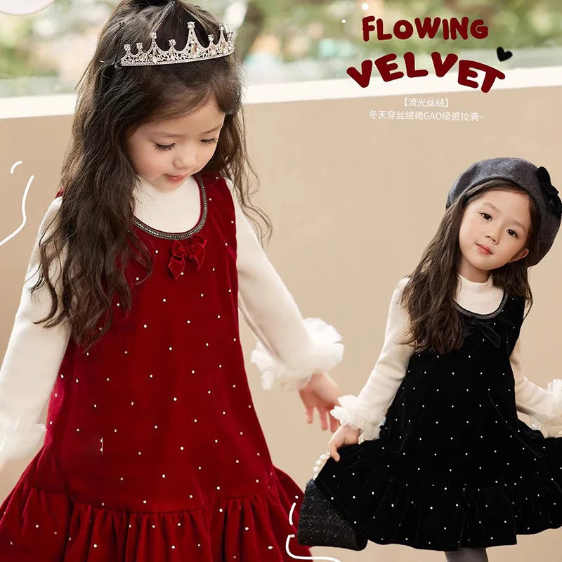 

Girls' Polka Dot Dress Autumn Winter New Style Baby Girl Bow Red Princess Dress Two-Piece Set