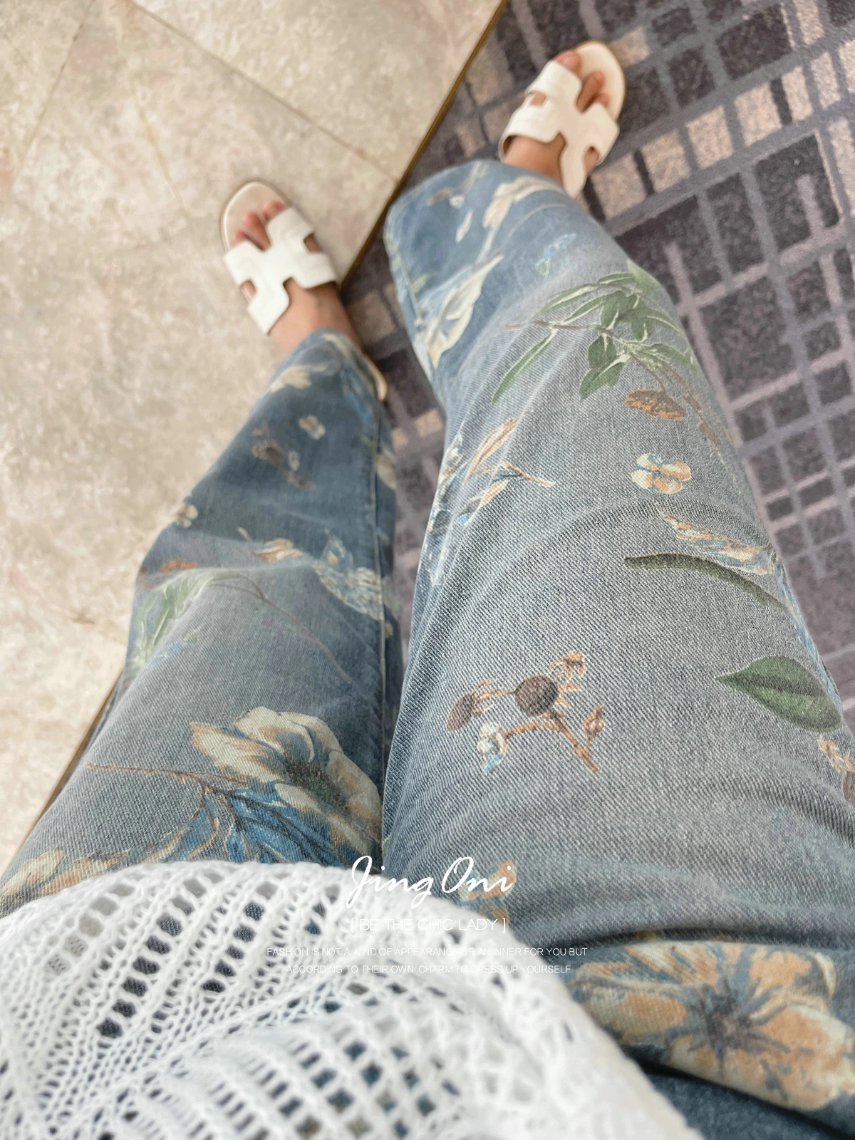 Floral Jeans Long Pants Y2k Woman Clothing 2024 Summer Korean Fashion Style New Elegant Vintage Trousers Wide High Waist Cargo