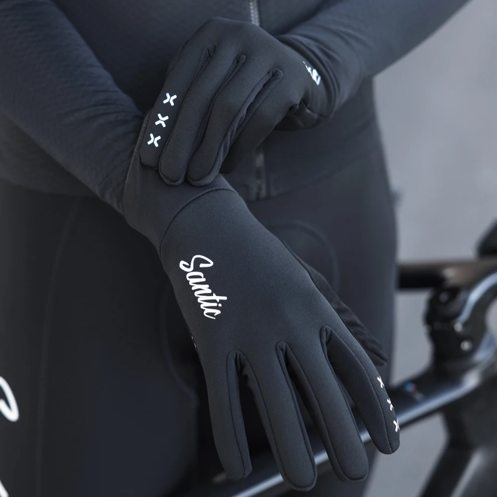 Santic Mens Cycling Glove Winter Thermal Fleece Warmer Full Finger Gloves Windproof Touch Screen Shockproof Motorbike MTB Gloves