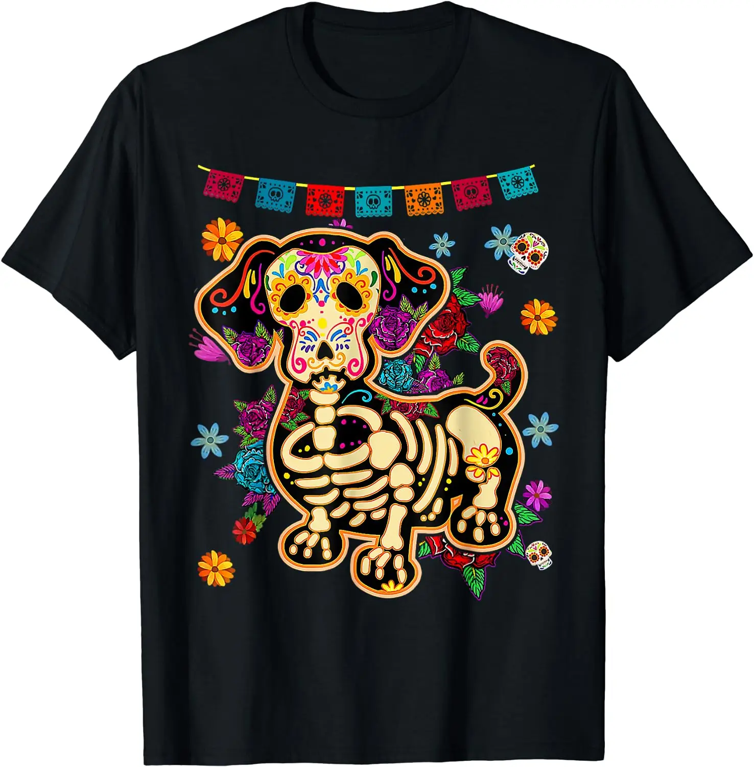 Sugar Skull Mexican Dachshund Bone Halloween Day of Dead T-Shirt Casual Cotton Four Seasons Graphic T Shirts Funny T Shirts