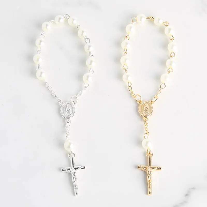 10–100 Stück Mini-Rosenkränze, Erinnerungen für Taufe, katholische Kommunion, Kreuz, Mini-Rosenkränze, Armband, Perle für Taufe, Gastgeschenke, Taufe – Detail 1