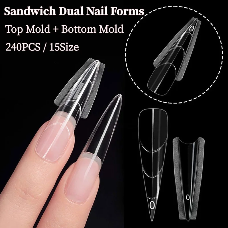 Formy do paznokci typu sandwich, podwójne, do przedłużania paznokci, 15 rozmiarów, 240 sztuk, forma górna i dolna, bez konieczności budowania, narzędzie do manicure, artykuły do salonu.