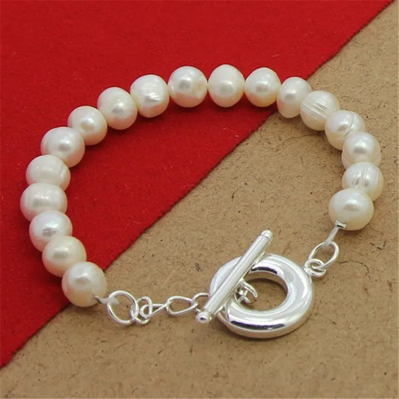 

925 Sterling Silver Natural Freshwater Pearl Beaded Chain 20cm Bracelet for Women Wedding Engagement Fashion Jewelry
