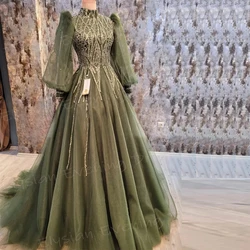 Classic Green A Line Evening Dresses Women Generous High Neck Customized Prom Gowns Long Sleeve Beaded فساتين سهره نسائيه فخمة