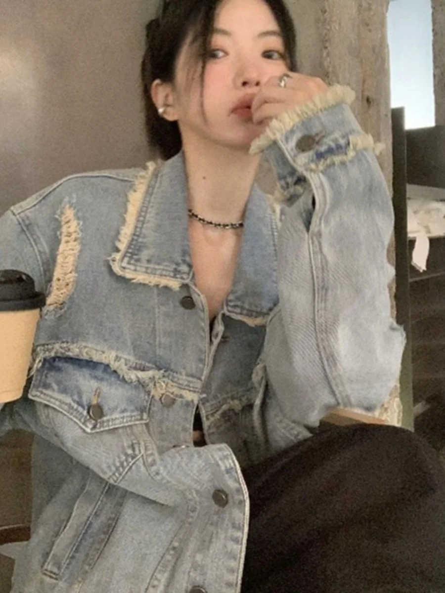 

Женская джинсовая куртка в стиле ретро с рваными и потертостями на весну и осень, модная рабочая одежда больших размеров, топ китайского производства