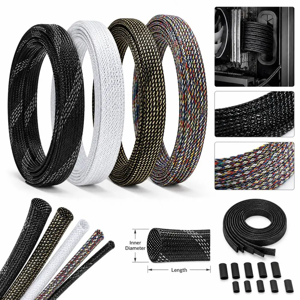 PET Braided Cable Sleeve Insulated Expandable Braided Structure Wire Management Sleeve Multicolor Flexible Cable Sleeving