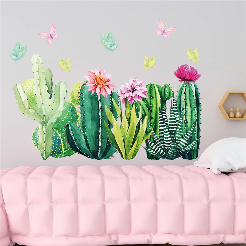 

Colourful Cactus Flowers Butterfly Wall Stickers For Bedroom Home Decoration Diy Pastoral Mural Art Plant Decals Pvc Posters