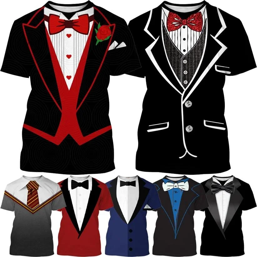 Summer New hot Men\'s Tuxedo Retro Tie Suit T-shirt Bow Tie 3D Print T-shirt Casual Short-sleeved Street Funny Fake Suit Top