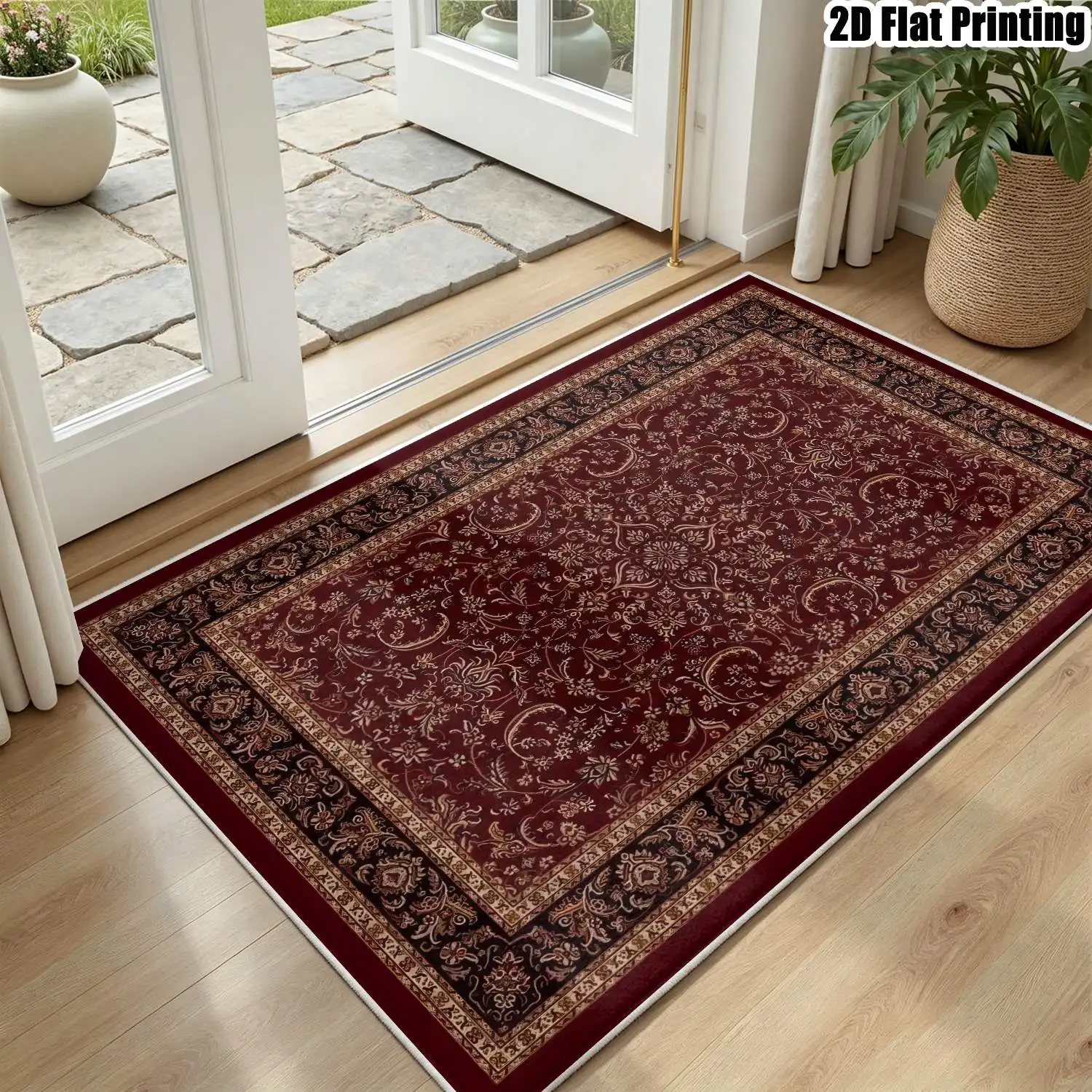 1Pc 2D Printed Burgundy Retro Floral Velvet Carpet, Multi-Size, Machine Washable, for Entrance, Dining, Foyer, Living Room, Bedroom