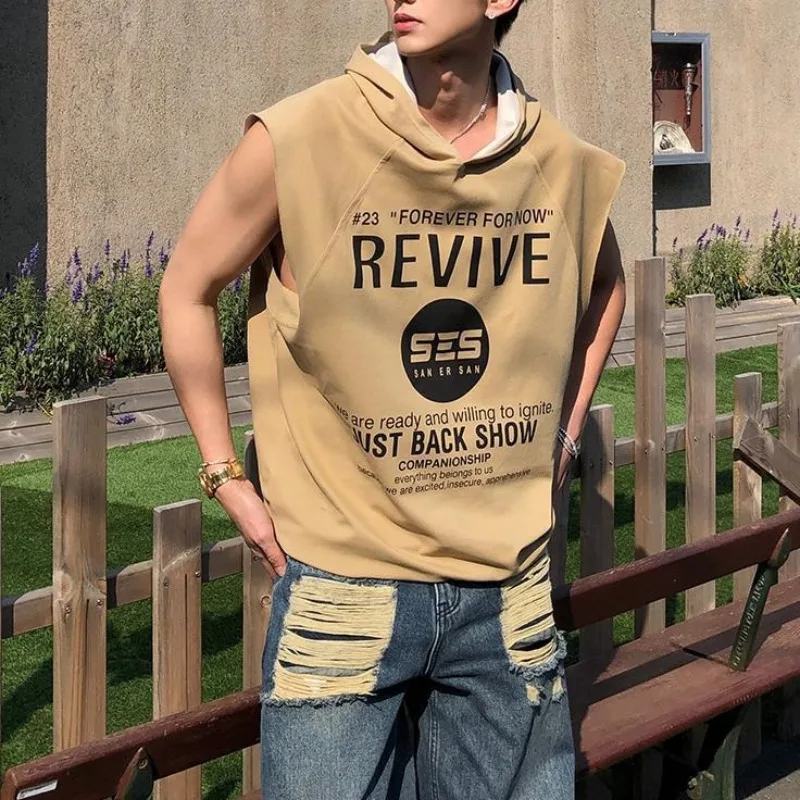 

4XL Loose Hooded Sleeveless T-shirt Men's Trendy Summer Vest Hoodies Youth Trendy Ins Sports Fitness Wide Shoulder Hip-hop Vest