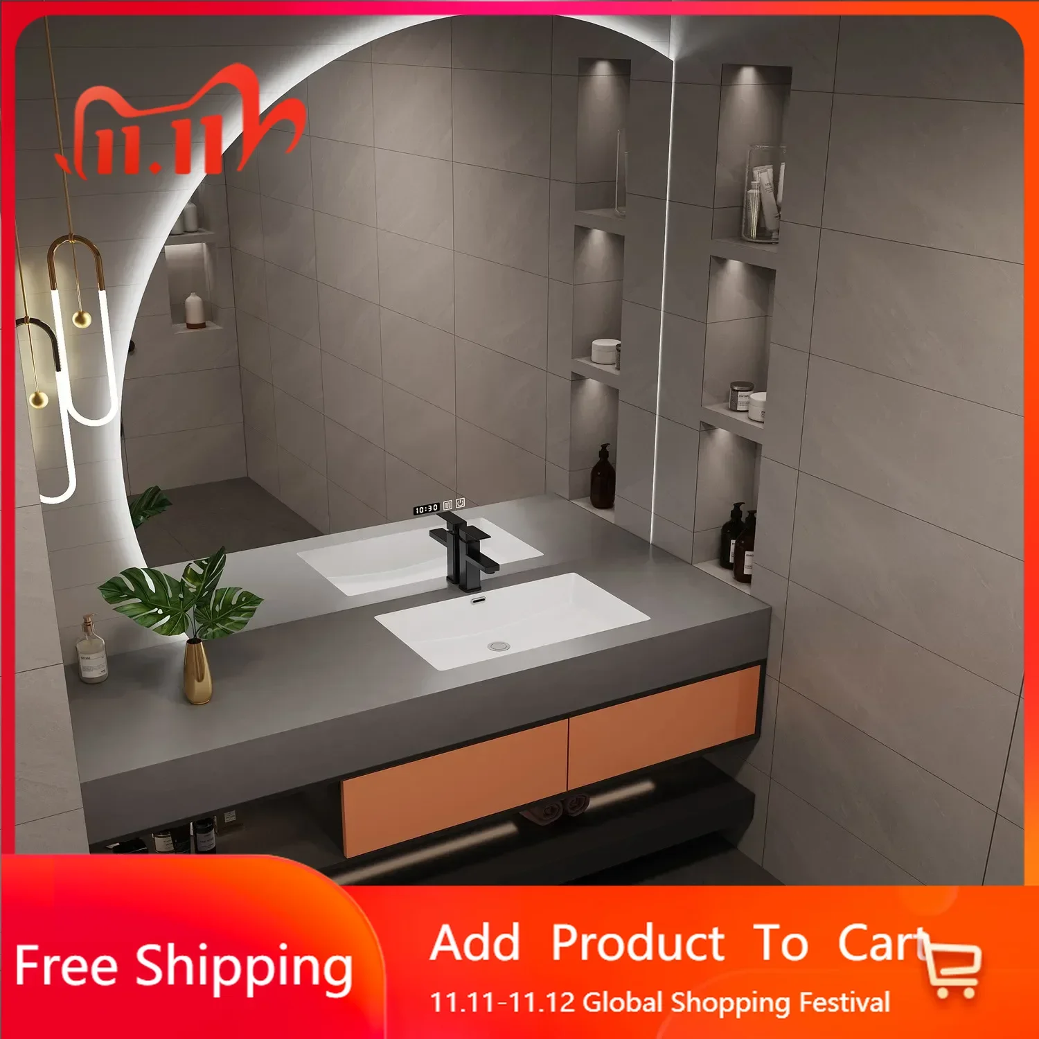 

70-180cm Slate Bathroom Vanity Cabinets with Sink Half Round Mirror Integrated Washbasin Solid Wood Cabinet Bathroom Furniture