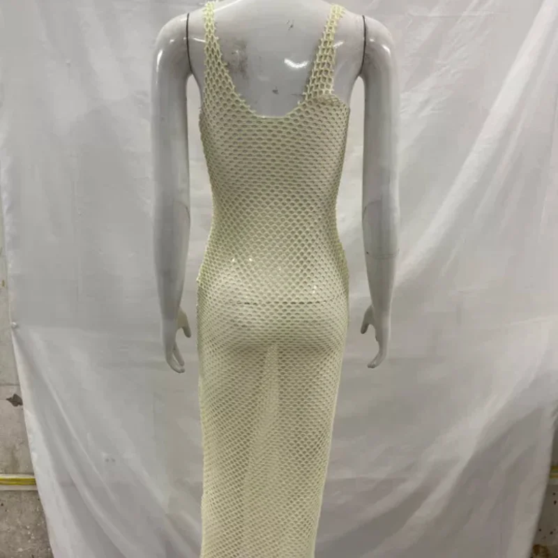 2026 europeu americano doce picante estilo feminino vestido de malha sheer magro oco para fora na moda festa casual outfit