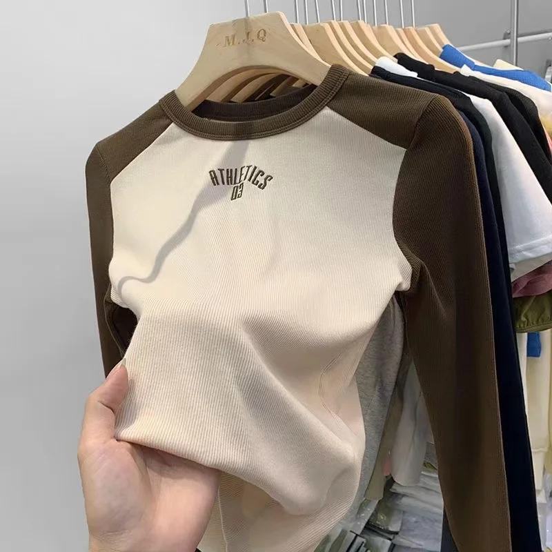 Retro American Short Sleeve Long T-Shirt Women's Correct Shoulder Autumn Winter New Ribbed Inner Wear Slim Fit Base Shirt Top