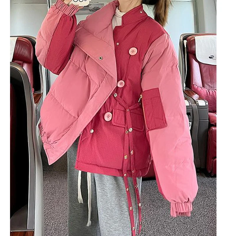 Women's Pink Parka Jacket Coat Long Sleeve Thicken Harajuku Korean 2000s Warm Turtleneck Padded Jacket Vintage Winter Clothing