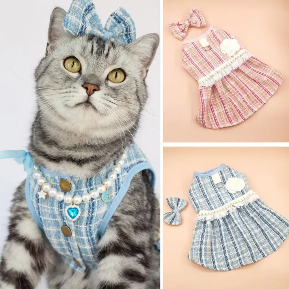 Pet Dress with Bow Headdress Dog Skirt Pet Princess Dress Set with Bow Headdress Floral Decor Faux Pearl Cute Dog Cat for Puppy