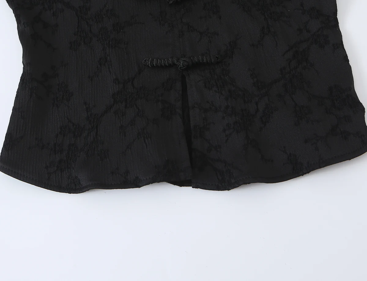 BSAY Vintage Neue Chinesische Damen-Bluse mit Jacquard-Muster, Stehkragen, Froschknöpfen, Schlüssellochausschnitt, Kurzärmeln und Schmaler Passform für Casual-Looks – Detail 8