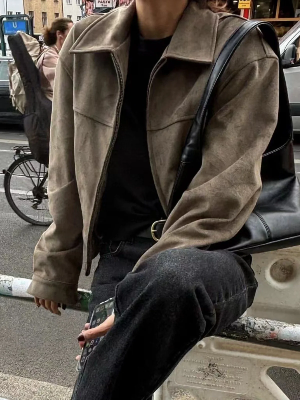 2024 빈티지 여성 짧은 재킷 옷깃 더블 지퍼가 달린 벨벳 표면 가을 컬렉션 새로운 스타일 streetwear 남여 겉옷