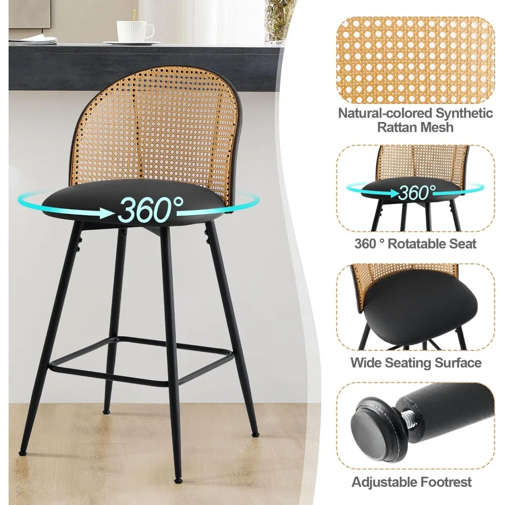 Zestaw 3 czarnych stołków barowych Bekrvio, obrotowe stołki barowe z rattanowym oparciem i metalowymi nogami, stołki barowe o wysokości blatu z 26 cm wysokości, tapicerowane skórą PU.