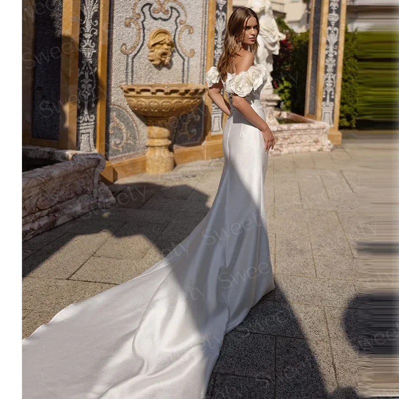 Glamorous Chic Wedding Dress Satin With 3d Flower Mermaid Ball Gown Sweetheart Boat Neck Slit A Line Back Button Robe De Mariee