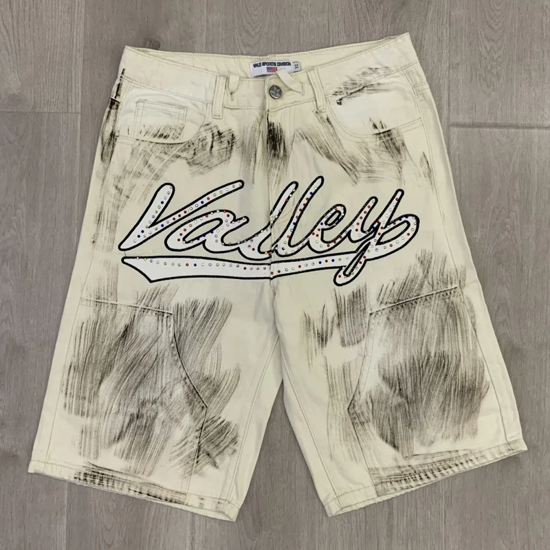 

White Vintage Washed Distressed Vale Shorts High Quality American Street Straight Leg Heavy Fabric Pants