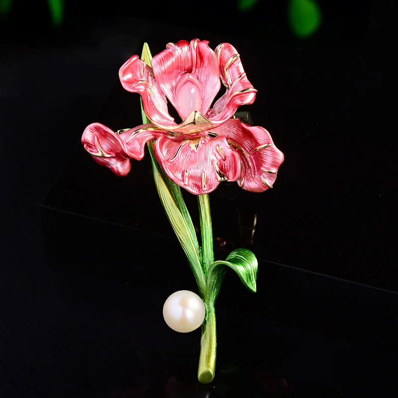 

Exquisite Red and Blue Bloom Tulip Brooch Elegant Fresh Water Pearl Handmade Enamel Dress Accessories Pin Corsage Female Jewelry