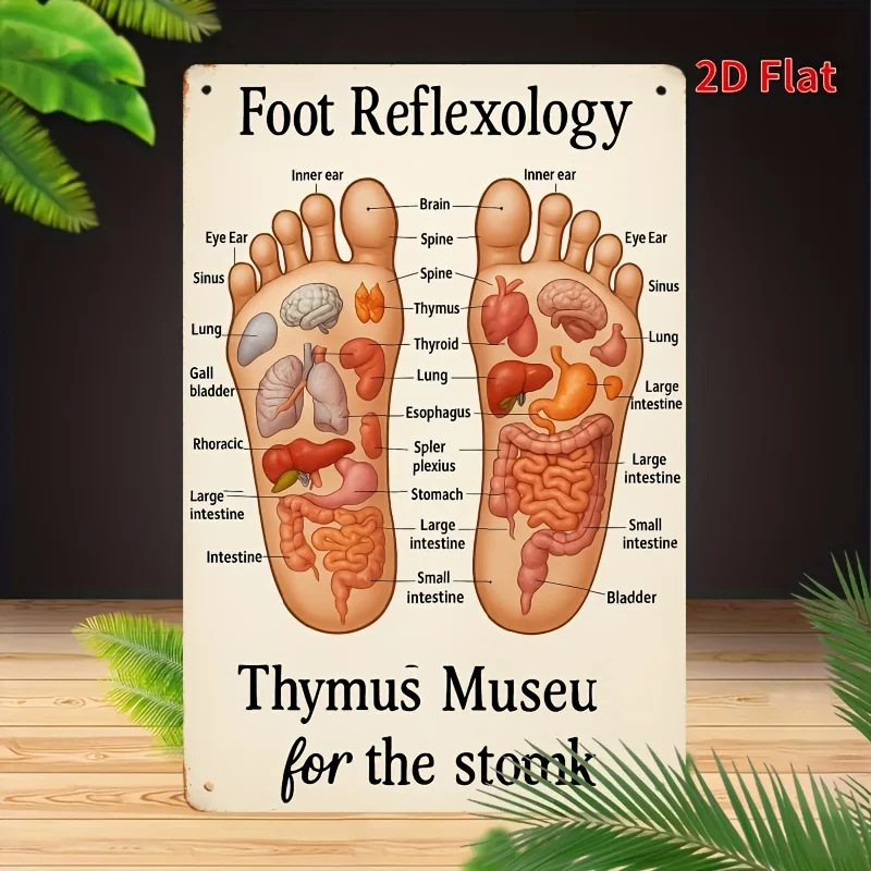 Metal Wall Art -  Foot Reflexology Chart Sign with Labeled Zones & Benefits, Educational Anatomical Decor for Home, Spa, Cafe, B