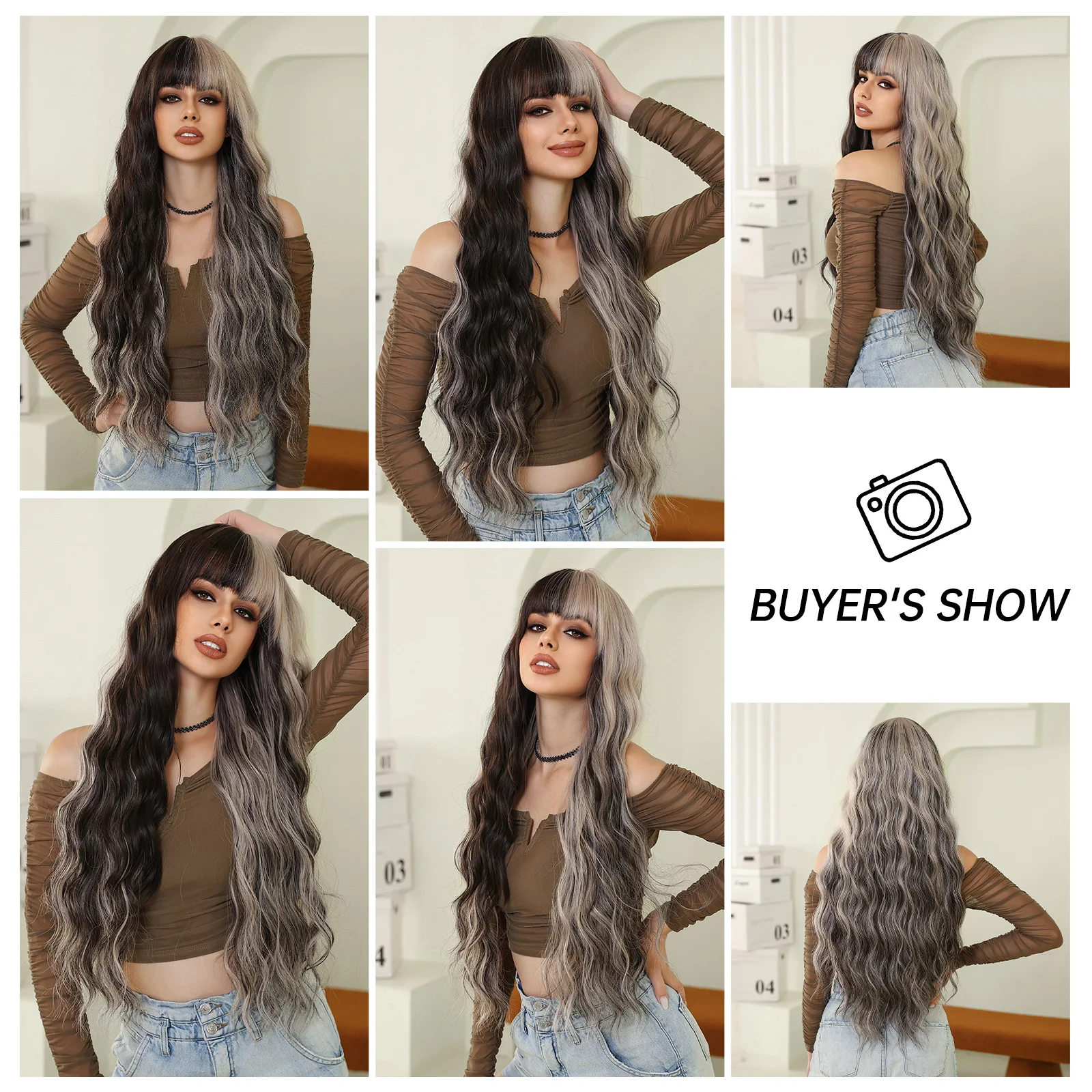 LOUIS FERRE Synthetic Wigs for Women/Girls Black Gray White Highlights Wavy Hair Long Curly Wigs With Bangs for Cosplay Use