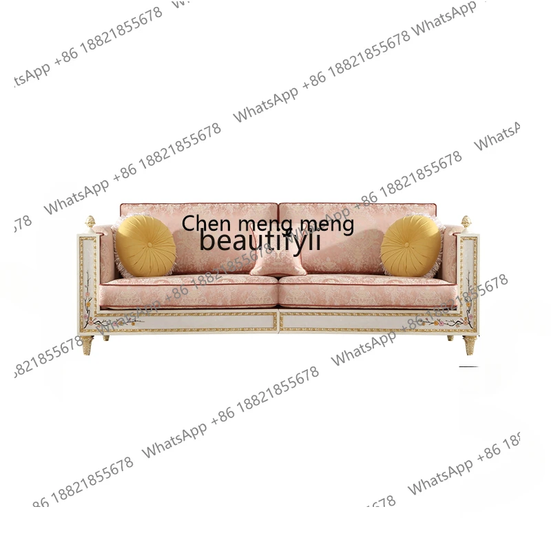 

French rococo style fabric sofa combination cream wind solid wood carving flower luxury European living room furniture P7