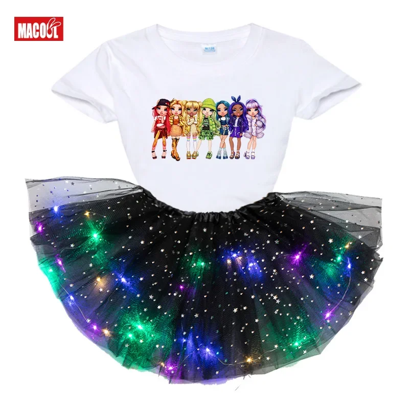 فتاة توتو مجموعات بول وتتسابق الاطفال توتو قمصان طويلة الأكمام مجموعة الفتيات قميص حفلة دعوى قوس قزح فستان خفيف ملابس الاطفال تنورة Et #3