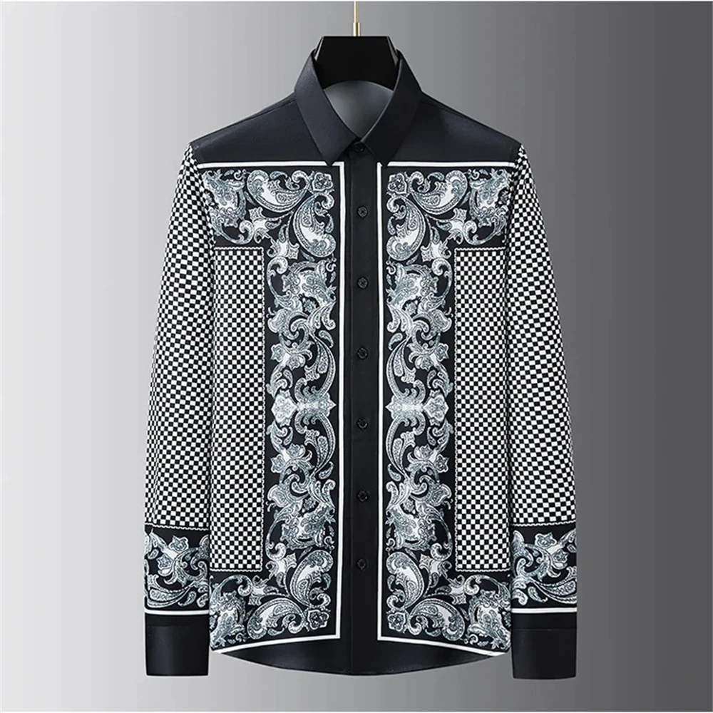 Luxury Printed Shirt Men's Long Sleeve Slim Casual Shirt High Quality Fashionable Popular Extra Large Size No-Iron Men's XS-6XL