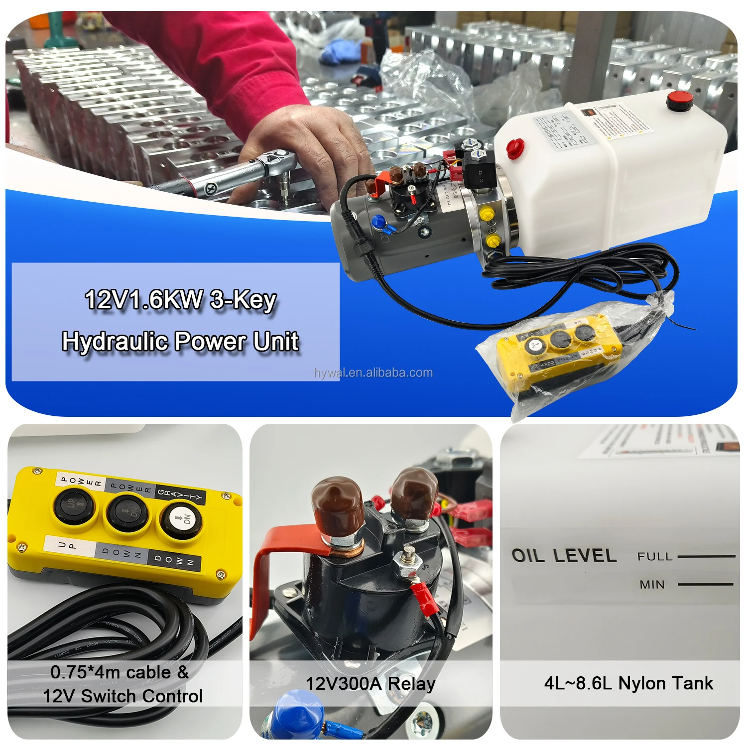 8L Square Plastic Tank 12v 1.6kw Dc Hydraulic Power Unit Double Acting 2.1cc/r Pump 3-key Handle for Dump Trailer Pump