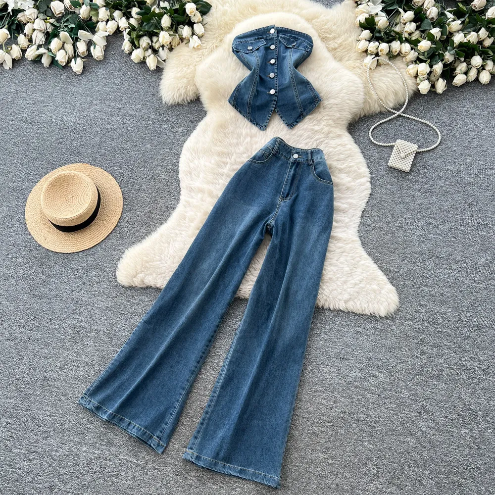 Woman Minimal Commuter Denim Two Piece Set Summer Single Breasted Slim Tank Top Wide Leg Pants Women Daily Outfit