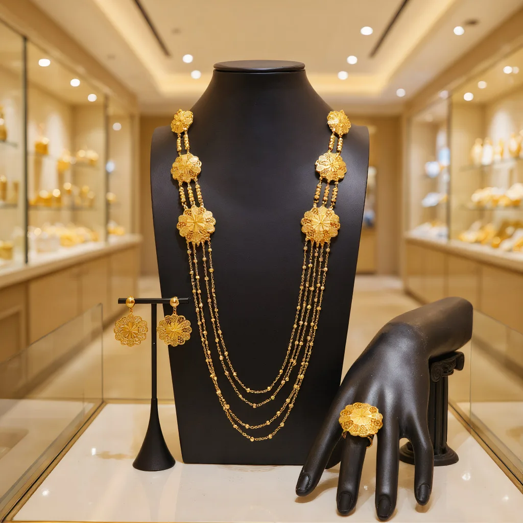 Luxury 24K 9999 Pure Gold real gold 3 Piece Set Middle East Geometric Tassel Long Necklace Earrings Ring