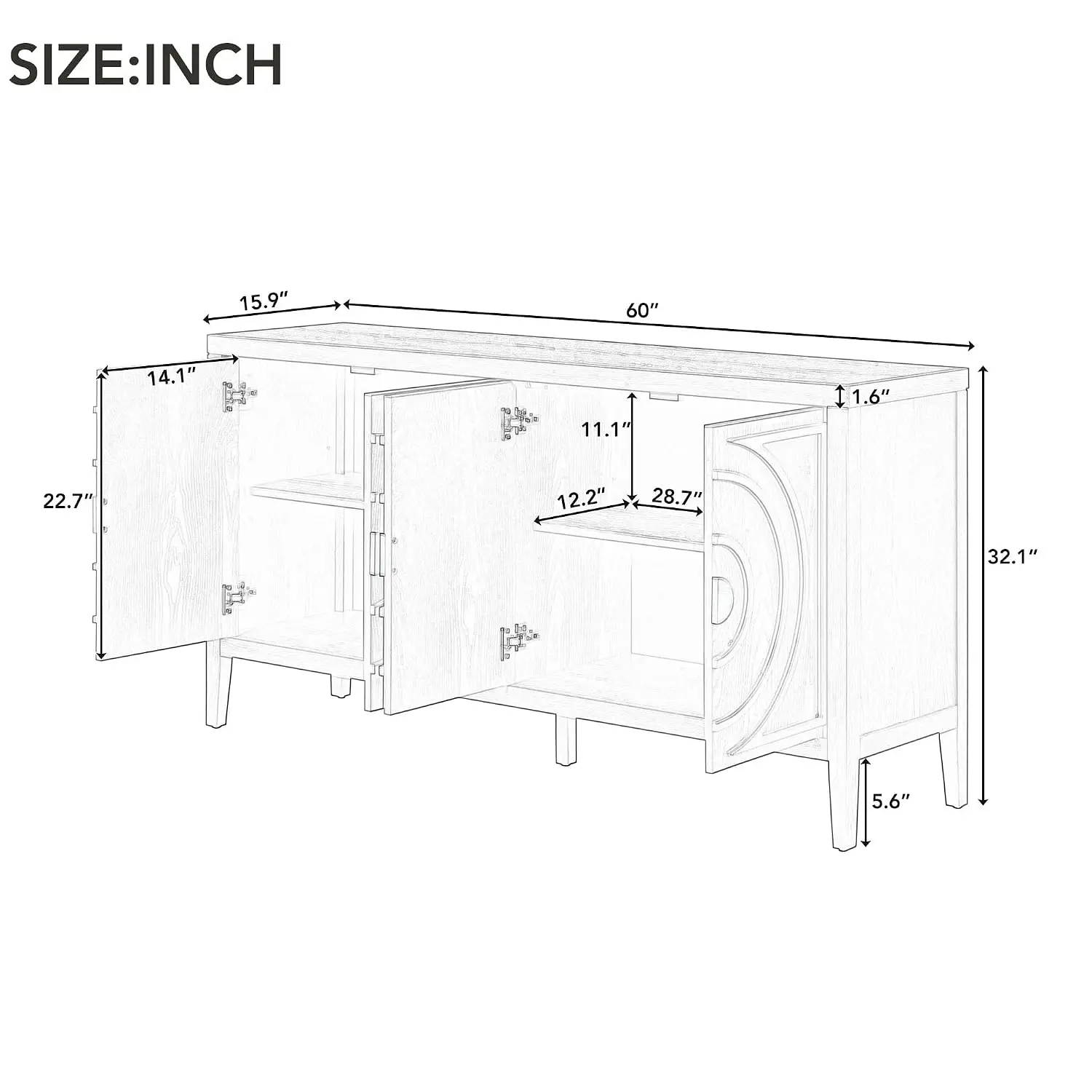 Retro Sideboard Cabinet for Entrance Dining & Living Room 4 Doors Circular Groove Metal Handle 60