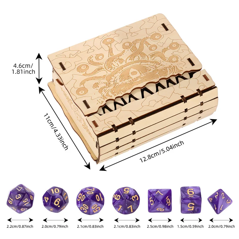 Fantasy Eye Demon Teeth Nature Wood Storage Box 7pcs/set Polyhedral Dices for Table Board Role Play Gaming Jewelry Display Case