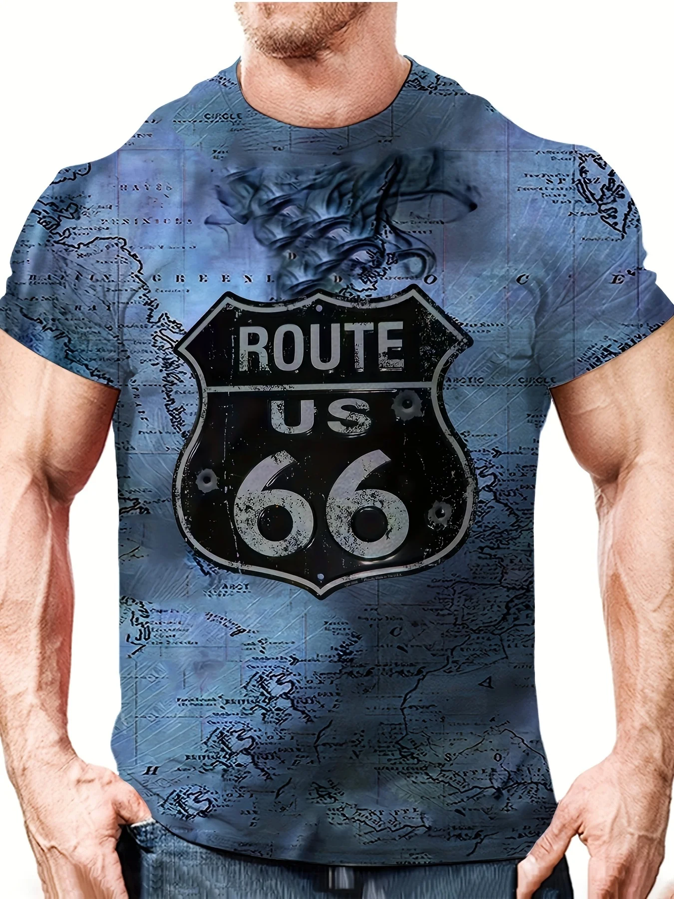 

Fashion Summer Mens Clothes Man 3d Printed Fashion Retro Short Sleeve Top Route 66 T Shirt Men Streetwear Short Sleeve T Shirt
