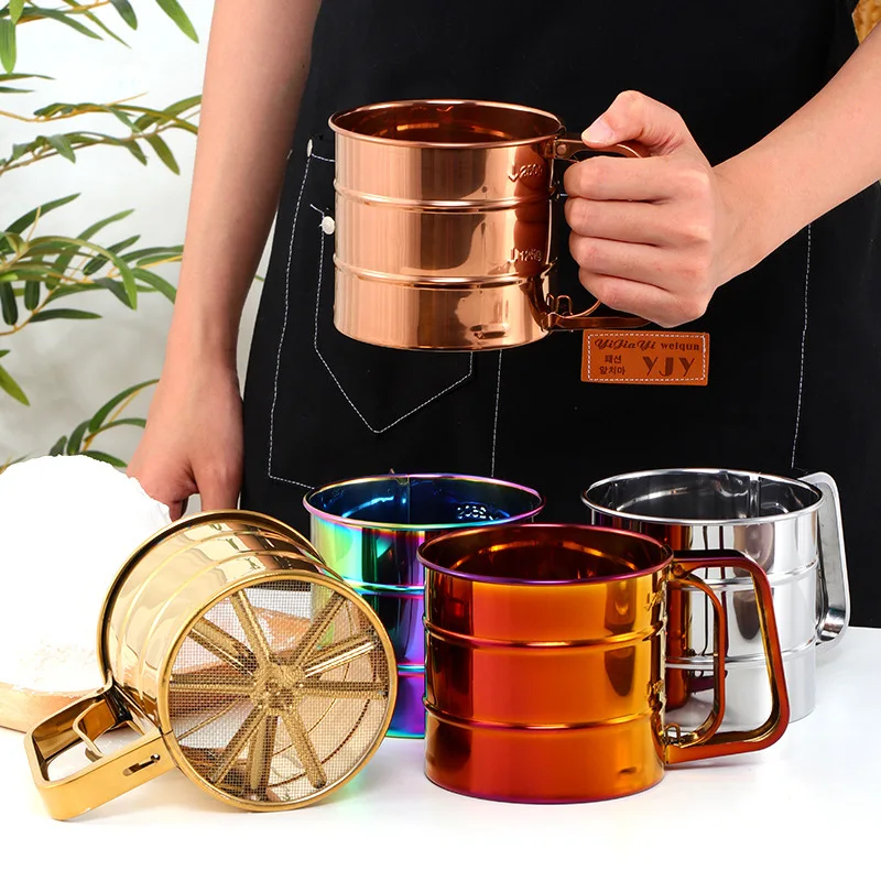 Creative Stainless Steel Flour Filter Cup Baking Tool, Hand-pressed Semi-automatic Flour Sieve with Graduated Cup Screen
