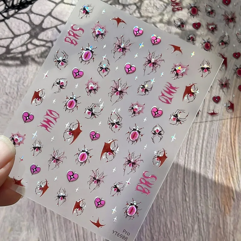 1Pcs New Halloween Nail Stickers, Dark Spider Pattern with Iridescent Shell Finish, Self-adhesive Nail Decals for DIY Manicure