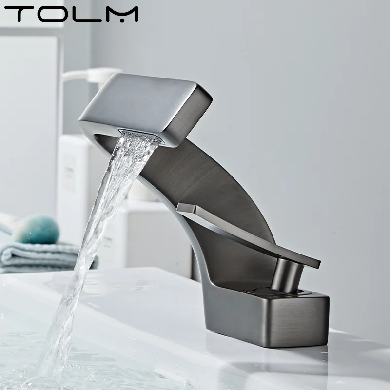 TOLM Chrome White Basin Faucet Deck Mounted Waterfall Bathroom Vessel Sink Mixer Tap Single Handle Hot Cold Water Tap