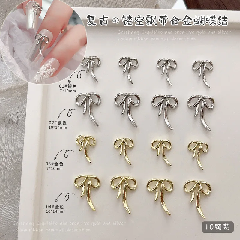 Simple Gold Silver Bowknot Bow Tie Rhinestone คริสตัลริบบิ้นโลหะผีเสื้อตกแต่งเล็บ DIY อุปกรณ์แต่งเล็บ