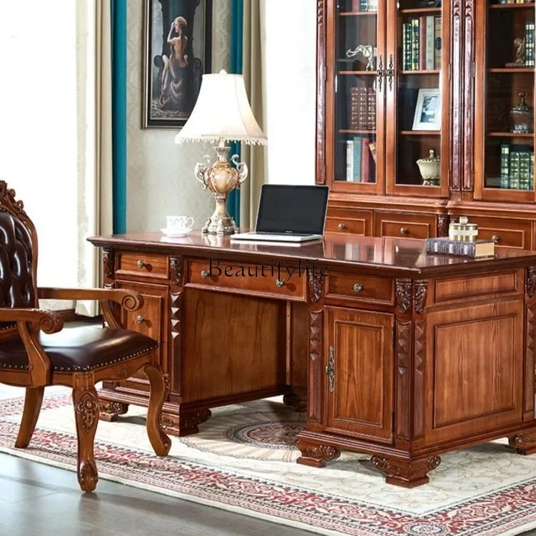 

56American solid wood carving flower large desk book chair large desk writing desk